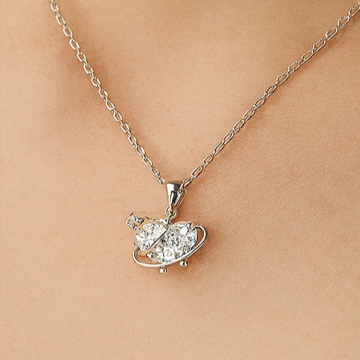 Silver Planet Heart Crystal Pendant Necklace