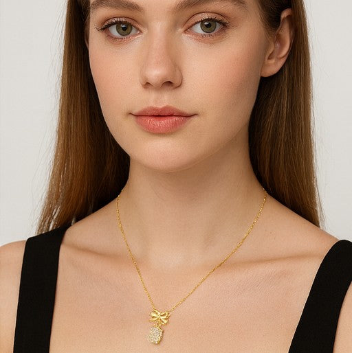 Gold Bow Crystal Pendant Necklace - PEACORA