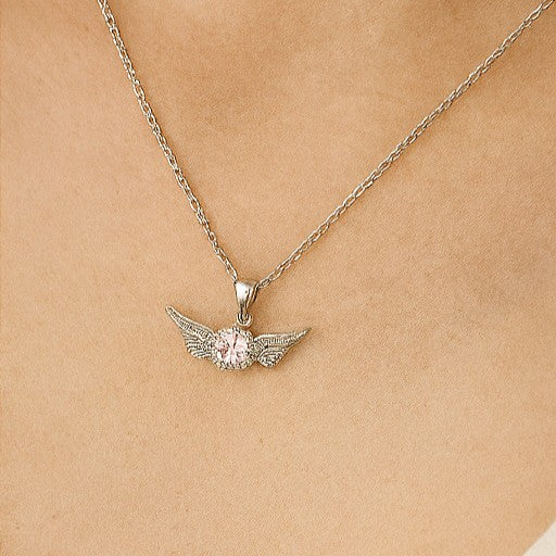 Silver Angel Wing Pink Crystal Necklace