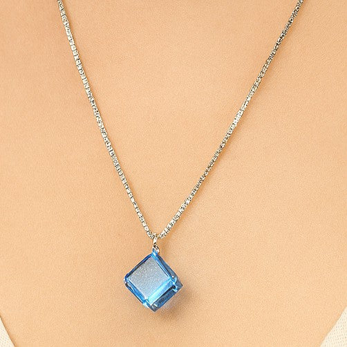 Silver Blue Cube Pendant Necklace