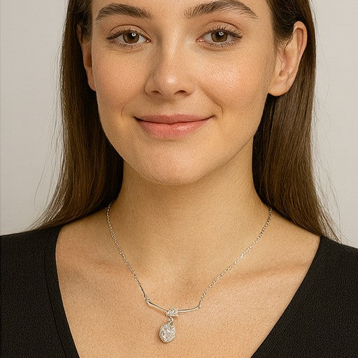 Silver Oval Drop Pendant Necklace - PEACORA