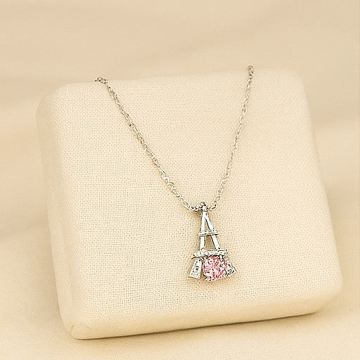 Eiffel Tower Pink Moissanite Necklace