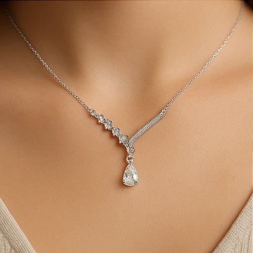 Silver Teardrop Crystal Pendant Necklace - PEACORA