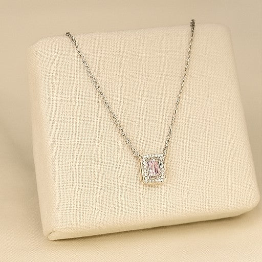 Silver Pink Gemstone Halo Necklace - PEACORA