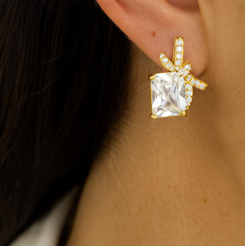 Golden Crystal Bow Stud Earrings - PEACORA