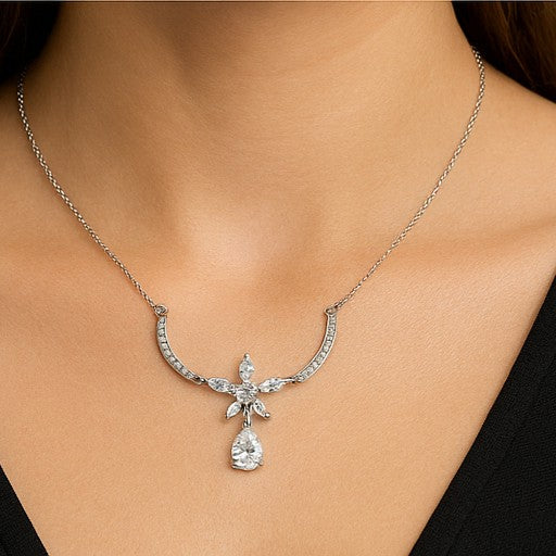 Floral Crystal Drop Pendant Necklace