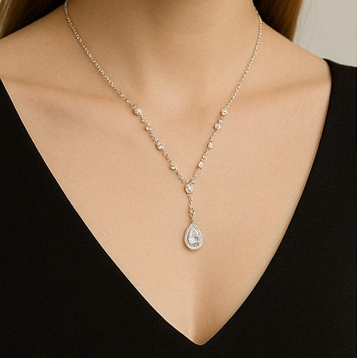 Silver Teardrop Crystal Necklace - PEACORA