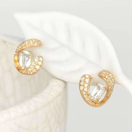 Gold Crescent Crystal Stud Earrings - PEACORA