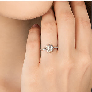 Vintage Sunburst Halo Engagement Ring - PEACORA