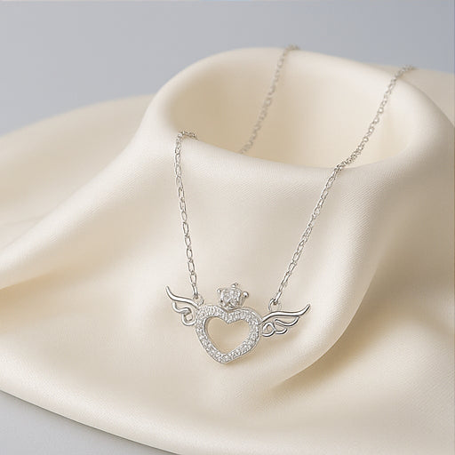 Silver Crowned Winged Heart Necklace - PEACORA