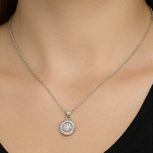 Silver Radiant Halo Pendant Necklace - PEACORA