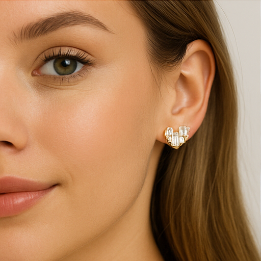 Gold Crystal Heart Stud Earrings - PEACORA
