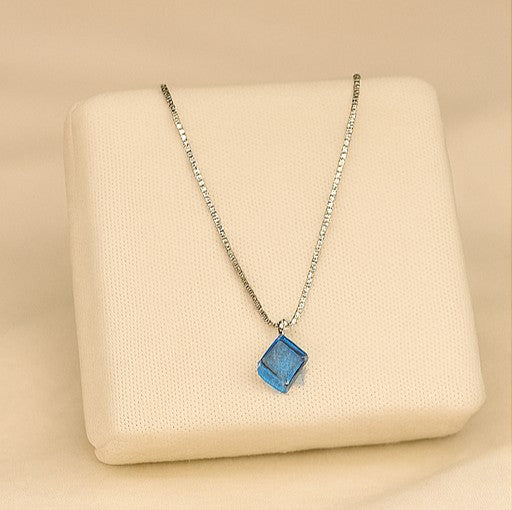 Silver Blue Cube Pendant Necklace - PEACORA