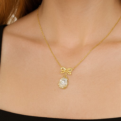 Gold Bow Crystal Pendant Necklace - PEACORA