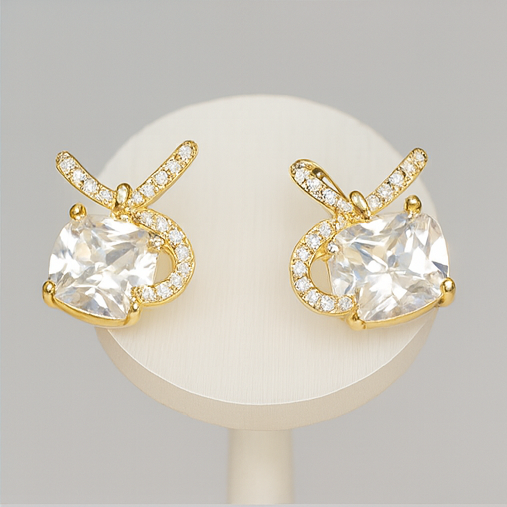 Gold Ribbon Bow Crystal Earrings - PEACORA