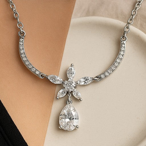 Floral Crystal Drop Pendant Necklace