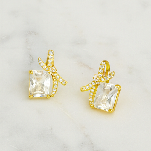 Golden Crystal Bow Stud Earrings - PEACORA