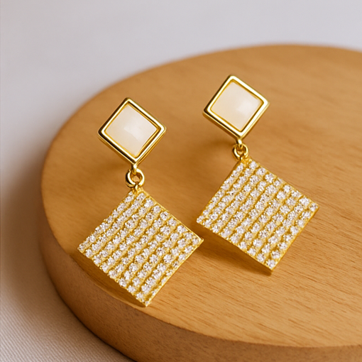 Geometric Gold Diamond Drop Earrings - PEACORA