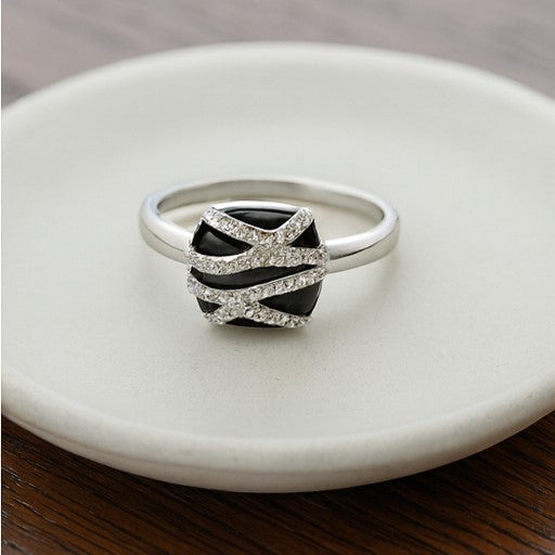Black Enamel and Crystal Accent Ring