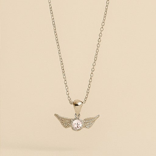Silver Angel Wing Pink Crystal Necklace