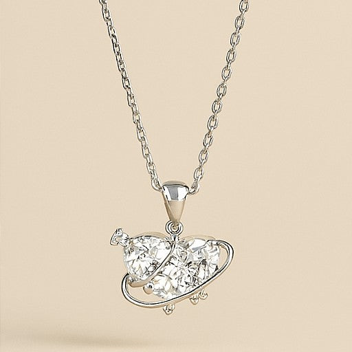Silver Planet Heart Crystal Pendant Necklace