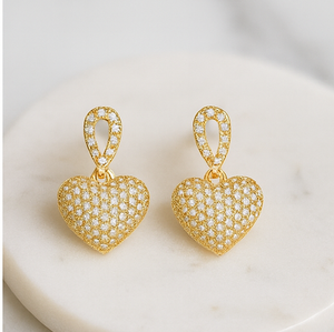 Sparkling Gold Heart Drop Earrings - PEACORA