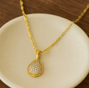 Golden Pavé Teardrop Pendant Necklace - PEACORA