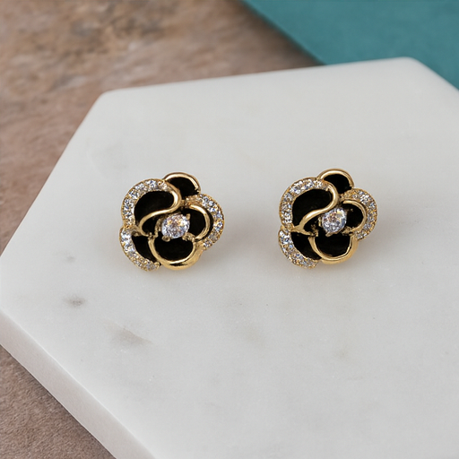 Black Enamel Gold Floral Studs - PEACORA