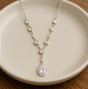 Silver Teardrop Crystal Necklace - PEACORA