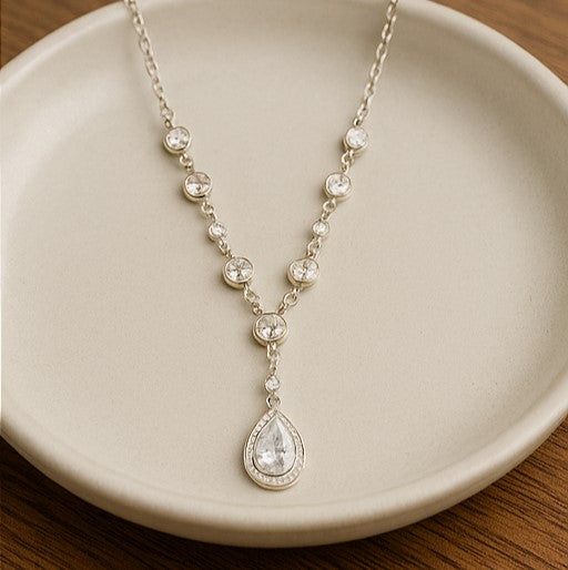 Silver Teardrop Crystal Necklace - PEACORA