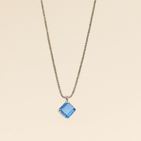Silver Blue Cube Pendant Necklace