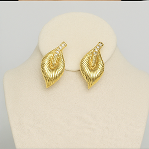 Golden Crystal Leaf Stud Earrings - PEACORA