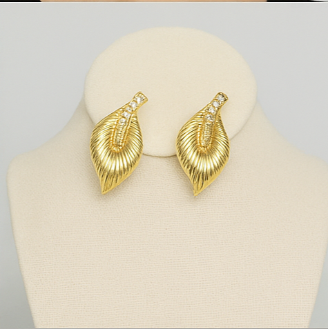 Golden Crystal Leaf Stud Earrings - PEACORA