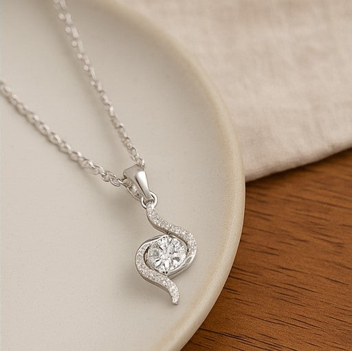 Silver Swirl Crystal Pendant Necklace - PEACORA