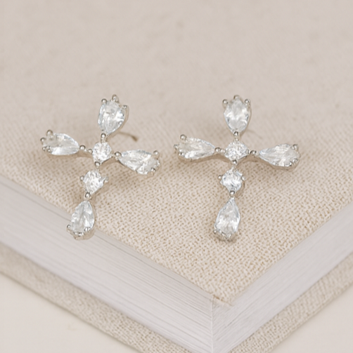 Silver Cross Crystal Stud Earrings - PEACORA