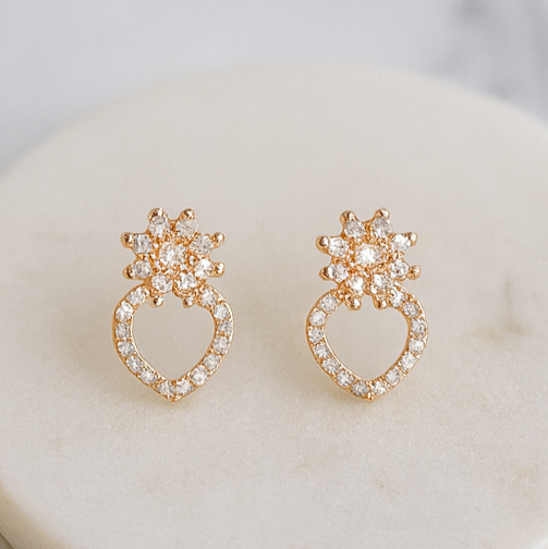 Gold Sparkling Crown Heart Studs - PEACORA
