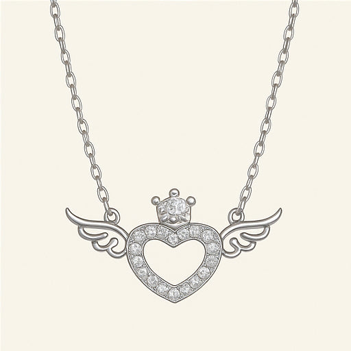 Silver Crowned Winged Heart Necklace - PEACORA