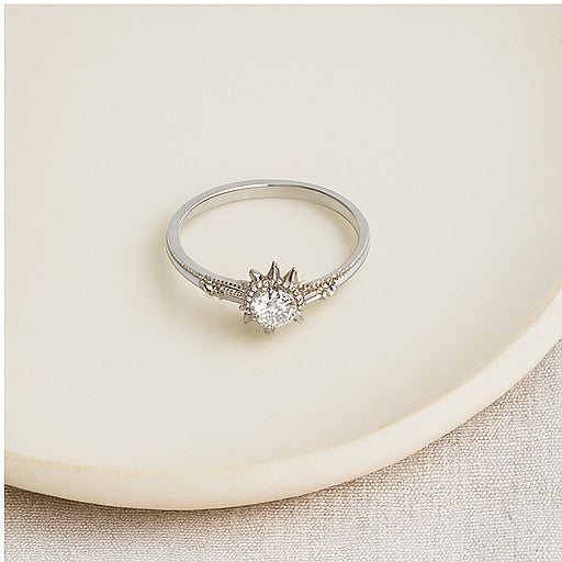 Vintage Sunburst Halo Engagement Ring - PEACORA