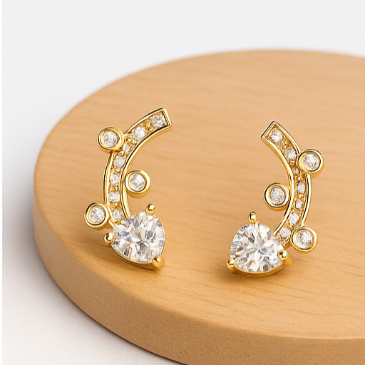 Gold Heart and Curve Stud Earrings - PEACORA