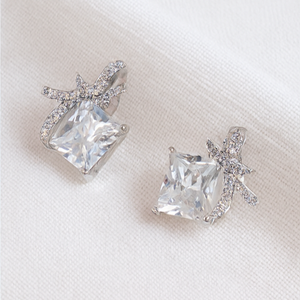 Silver Bow Knot Crystal Earrings - PEACORA